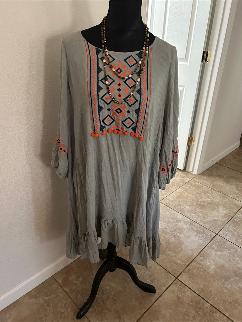 Hayden Light Gray Midi Dress with Orange Embroidery
